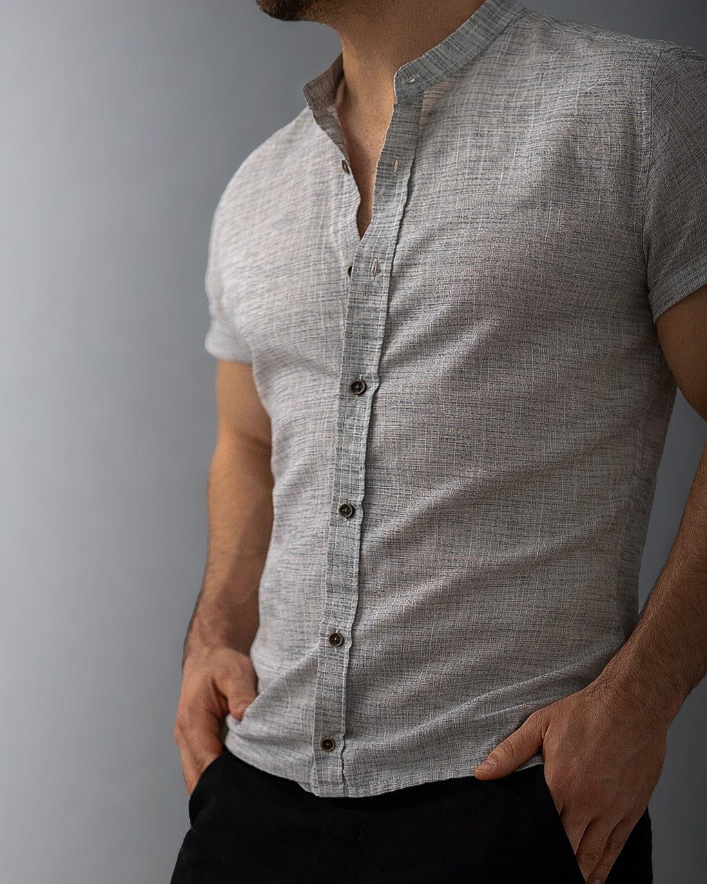 Koszula męska krótki rękaw slim fit lniana prążek M-2XL