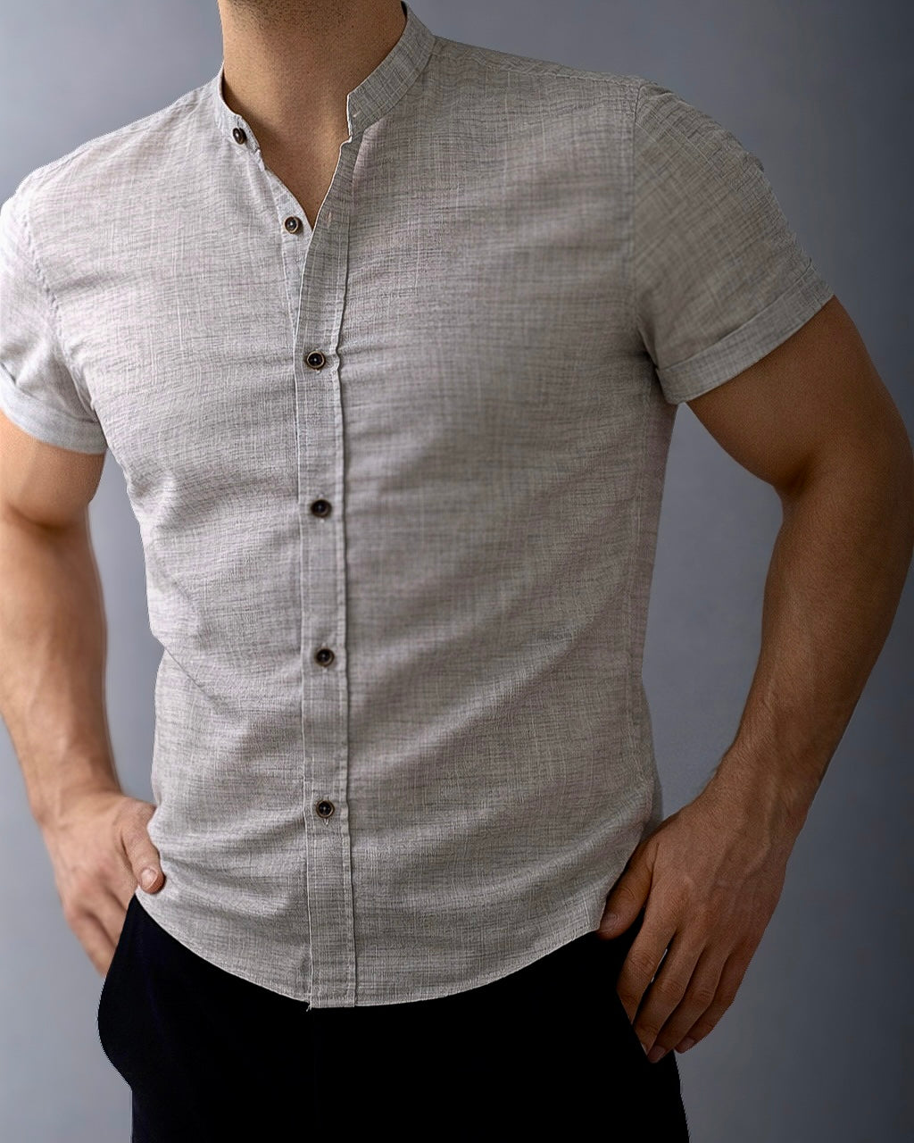 Koszula męska krótki rękaw slim fit lniana prążek M-2XL