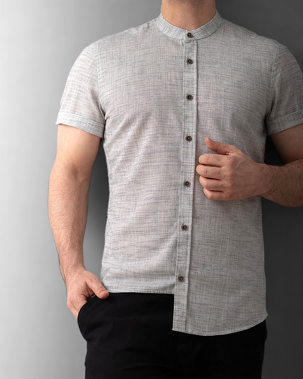 Koszula męska krótki rękaw slim fit lniana prążek M-2XL