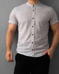 Koszula męska krótki rękaw slim fit lniana prążek M-2XL