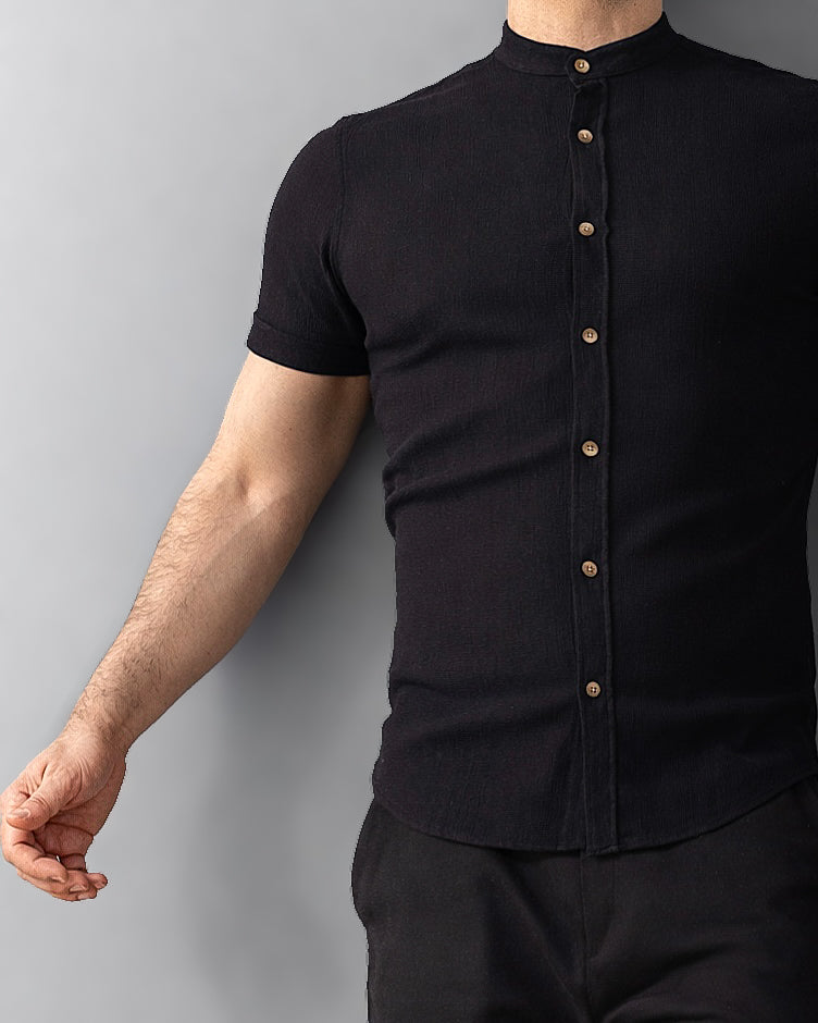 Koszula męska krótki rękaw slim fit w prążki lniana M-2XL