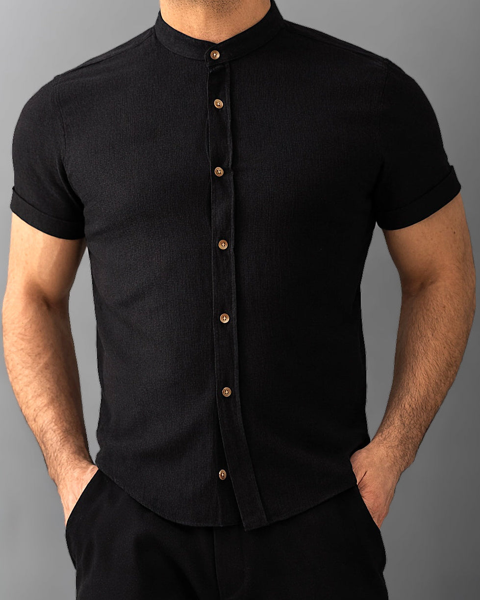 Koszula męska krótki rękaw slim fit w prążki lniana M-2XL