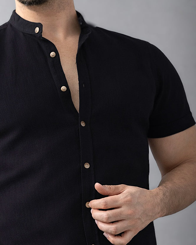 Koszula męska krótki rękaw slim fit w prążki lniana M-2XL