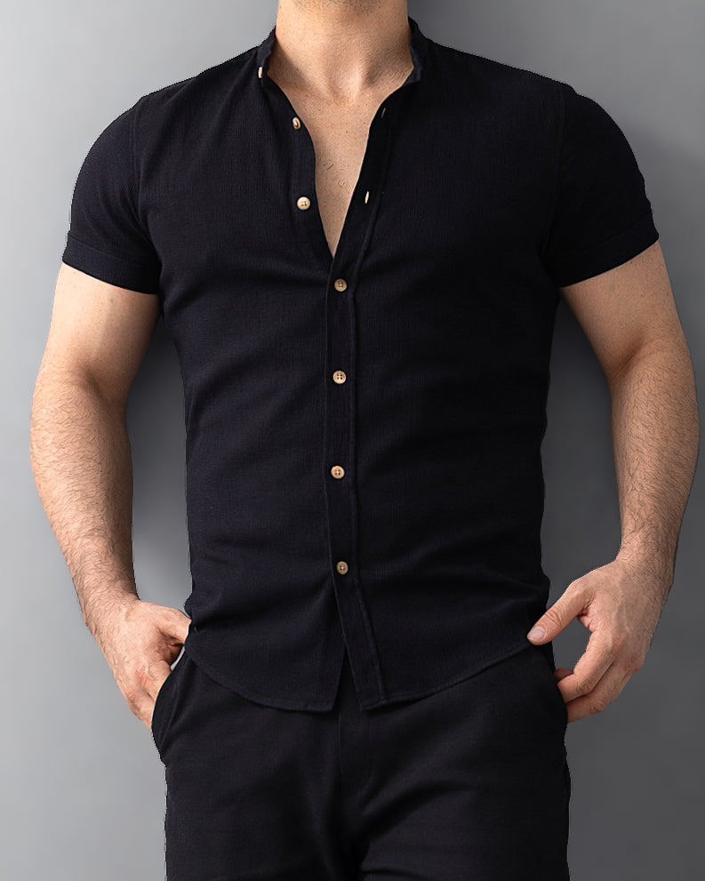 Koszula męska krótki rękaw slim fit w prążki lniana M-2XL