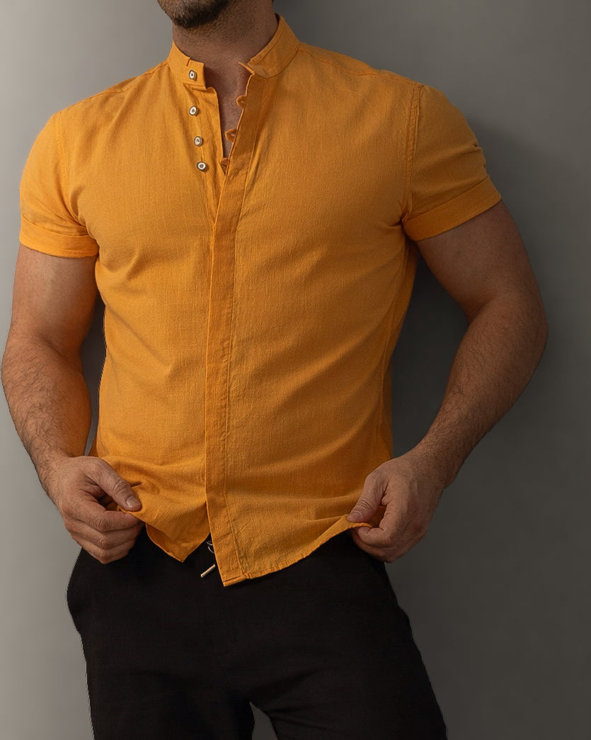 Koszula męska lniana flam musztardowa slim fit krótki rękaw M-2XL