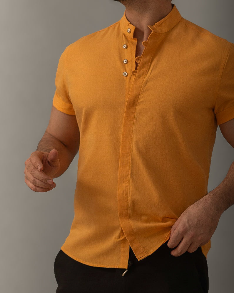 Koszula męska lniana flam musztardowa slim fit krótki rękaw M-2XL
