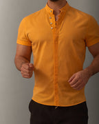 Koszula męska lniana flam musztardowa slim fit krótki rękaw M-2XL