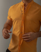 Koszula męska lniana flam musztardowa slim fit krótki rękaw M-2XL