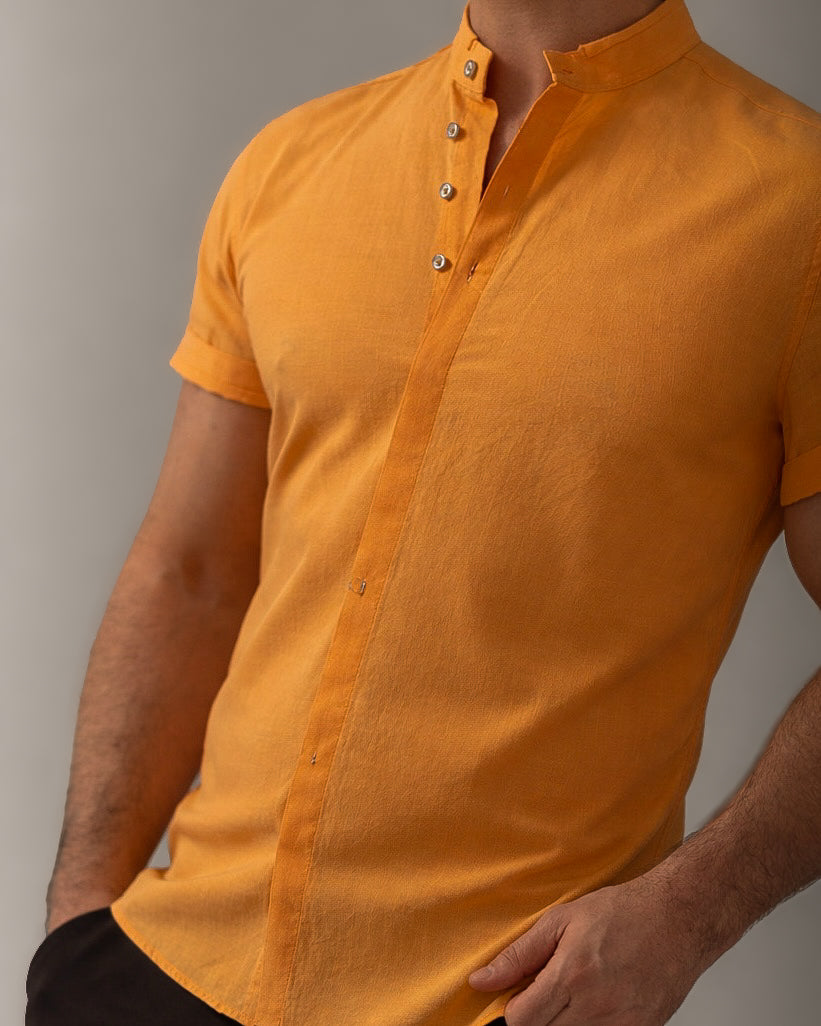 Koszula męska lniana flam musztardowa slim fit krótki rękaw M-2XL
