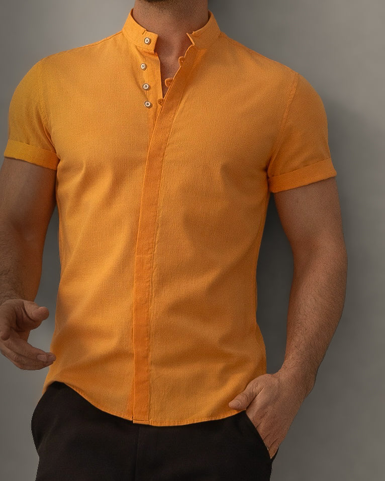 Koszula męska lniana flam musztardowa slim fit krótki rękaw M-2XL