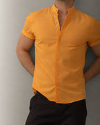 Koszula męska lniana flam musztardowa slim fit krótki rękaw M-2XL