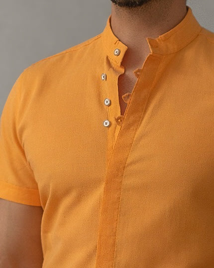 Koszula męska lniana flam musztardowa slim fit krótki rękaw M-2XL