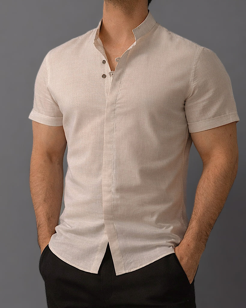Koszula męska kremowa flam len slim fit krótki rękaw M-2XL letnia
