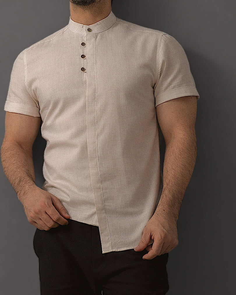 Koszula męska kremowa flam len slim fit krótki rękaw M-2XL letnia