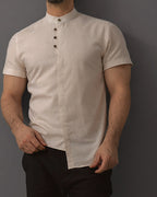 Koszula męska kremowa flam len slim fit krótki rękaw M-2XL letnia