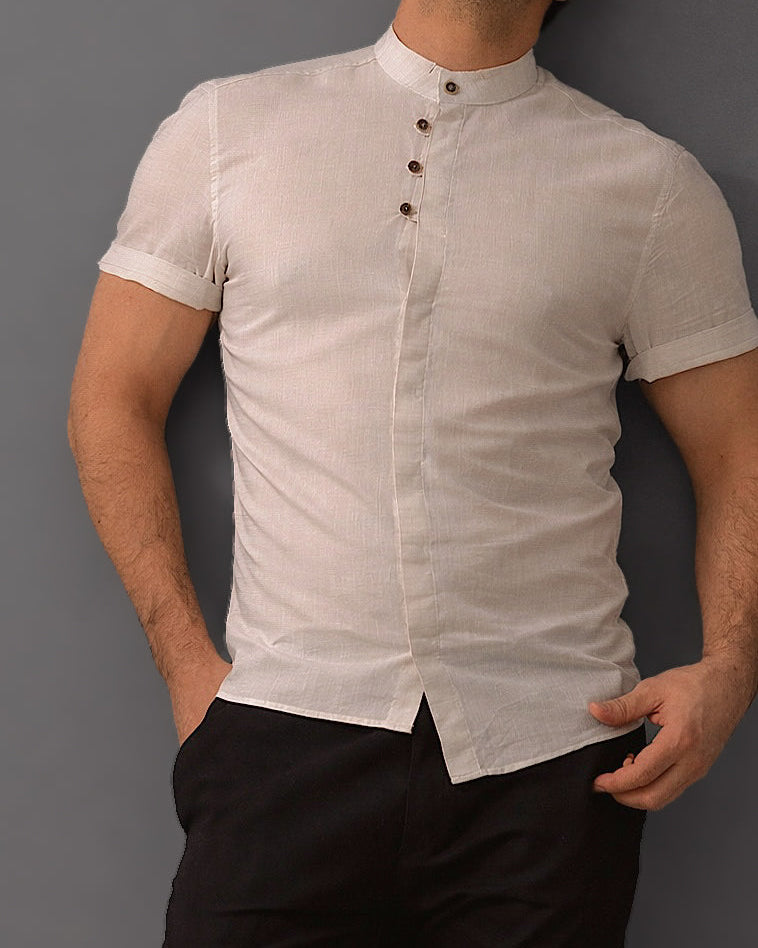 Koszula męska kremowa flam len slim fit krótki rękaw M-2XL letnia