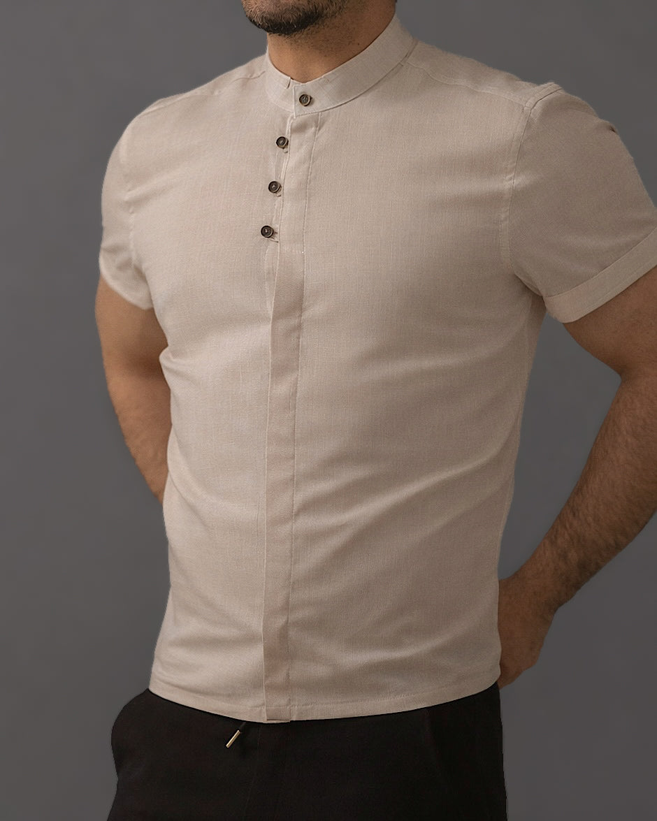 Koszula męska kremowa flam len slim fit krótki rękaw M-2XL letnia