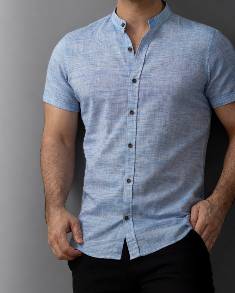 Letnia Koszula Męska Lniana Niebieska Slim Fit M-2XL
