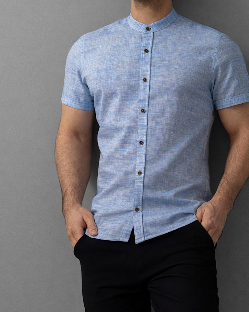 Letnia Koszula Męska Lniana Niebieska Slim Fit M-2XL
