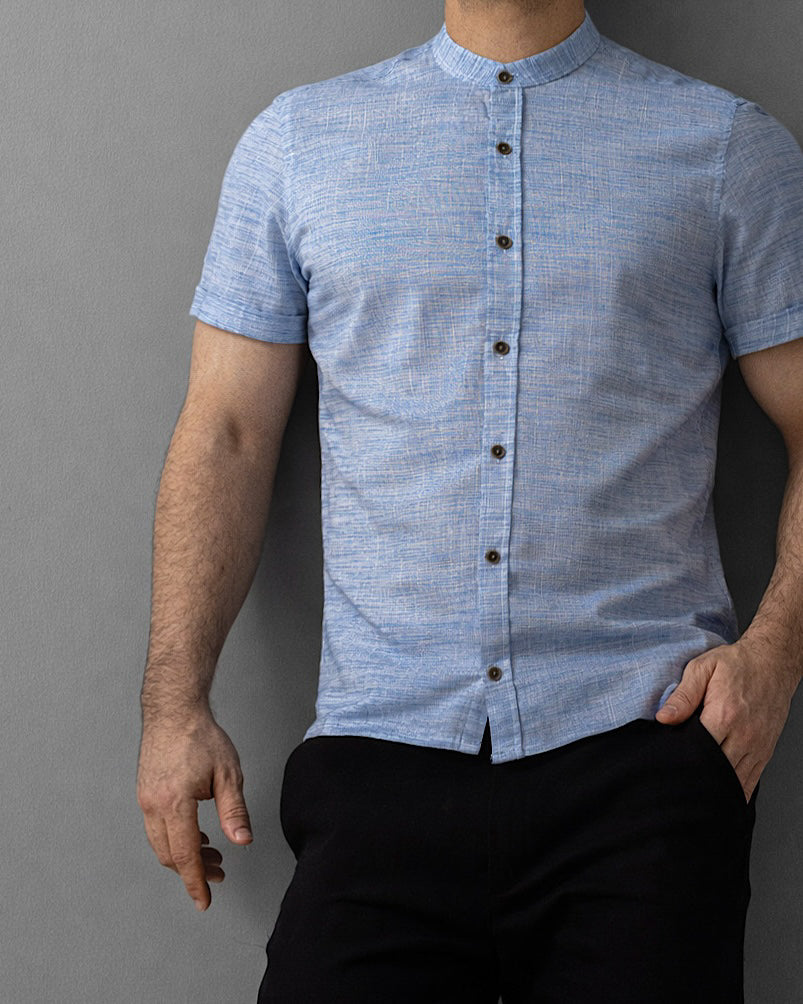 Letnia Koszula Męska Lniana Niebieska Slim Fit M-2XL