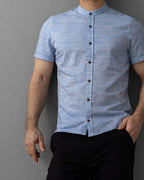Letnia Koszula Męska Lniana Niebieska Slim Fit M-2XL