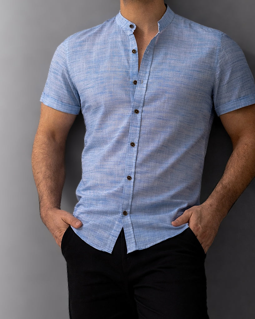 Letnia Koszula Męska Lniana Niebieska Slim Fit M-2XL