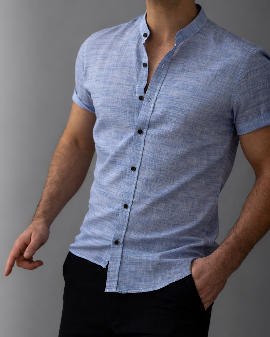 Letnia Koszula Męska Lniana Niebieska Slim Fit M-2XL