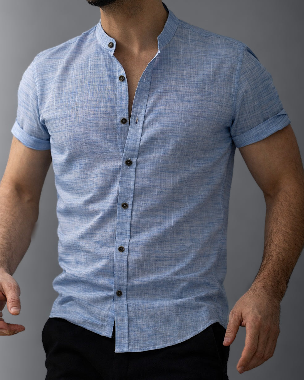 Letnia Koszula Męska Lniana Niebieska Slim Fit M-2XL