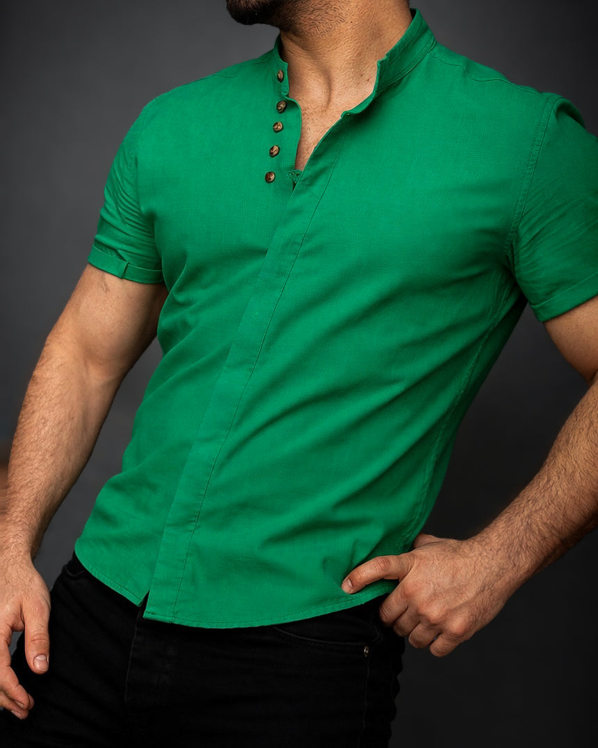 Koszula męska zielona lniana flam Slim Fit letnia M–2XL oddychająca