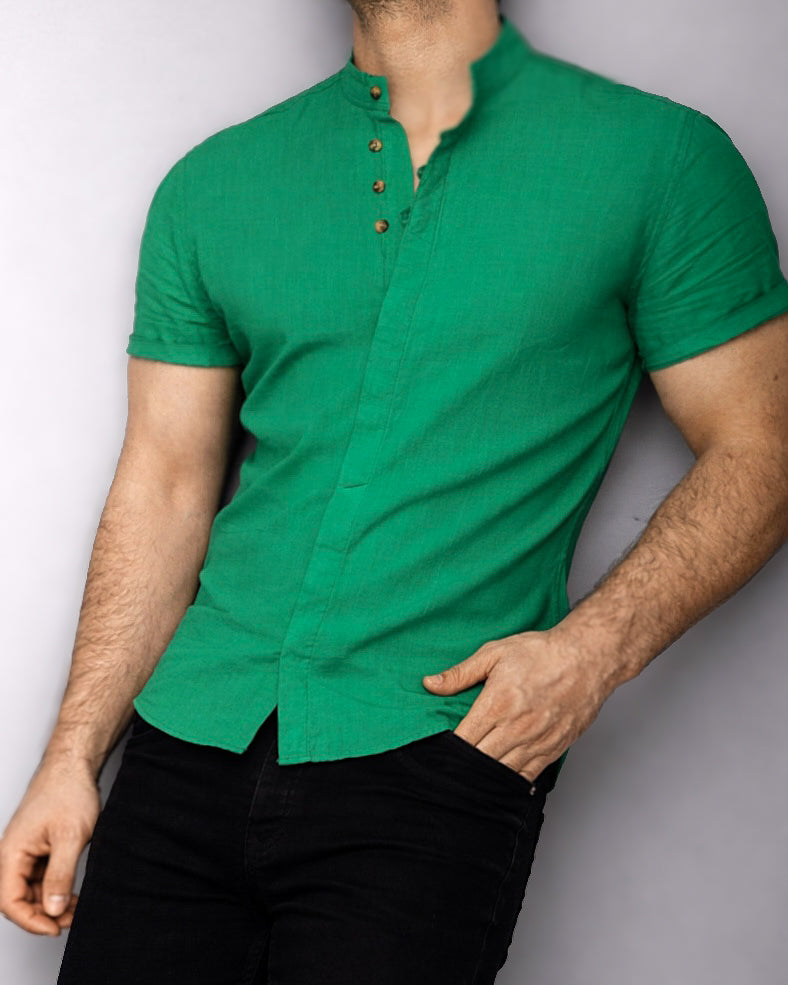 Koszula męska zielona lniana flam Slim Fit letnia M–2XL oddychająca
