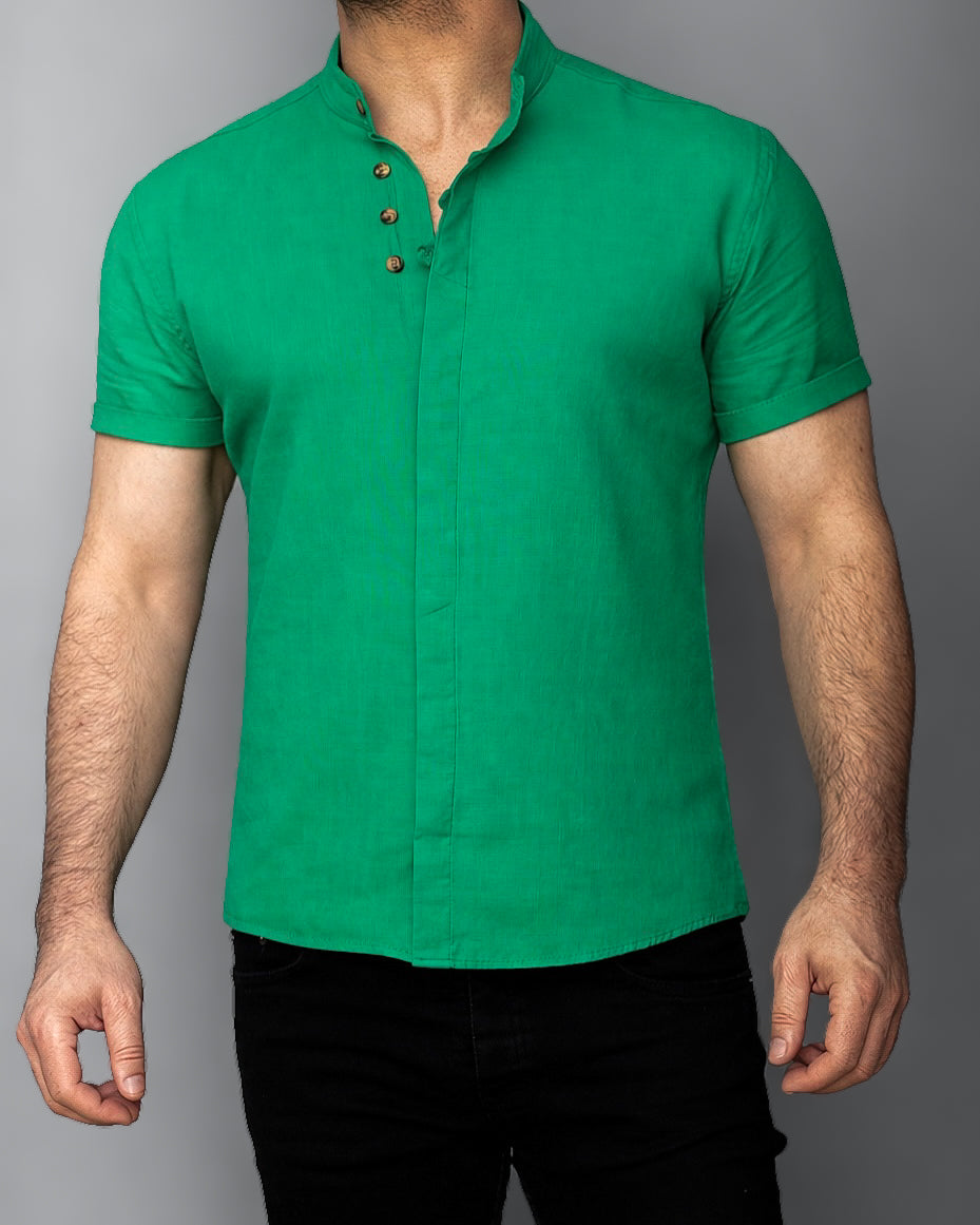 Koszula męska zielona lniana flam Slim Fit letnia M–2XL oddychająca
