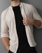 KOSZULA MĘSKA BEŻOWA SLIM FIT BAWEŁNA LEN STRUKTURALNA CASUAL ROZMIARY M-2XL