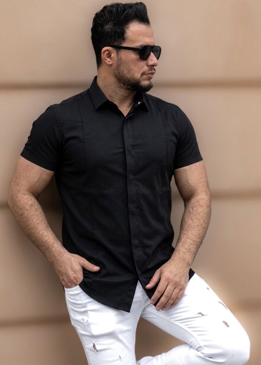 Czarna koszula męska slim fit z krótkim rękawem S–XXL | satyna z elastanem