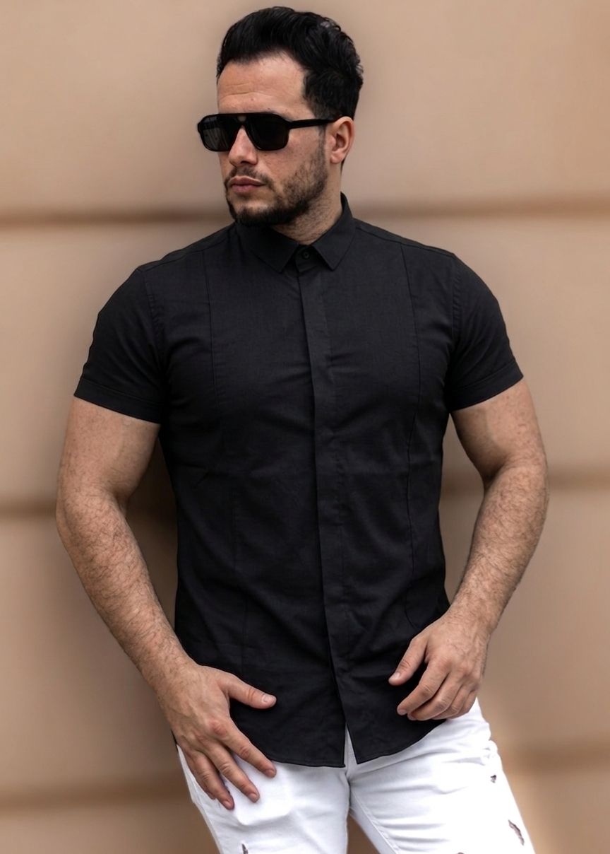 Czarna koszula męska slim fit z krótkim rękawem S–XXL | satyna z elastanem
