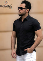 Czarna koszula męska slim fit z krótkim rękawem S–XXL | satyna z elastanem