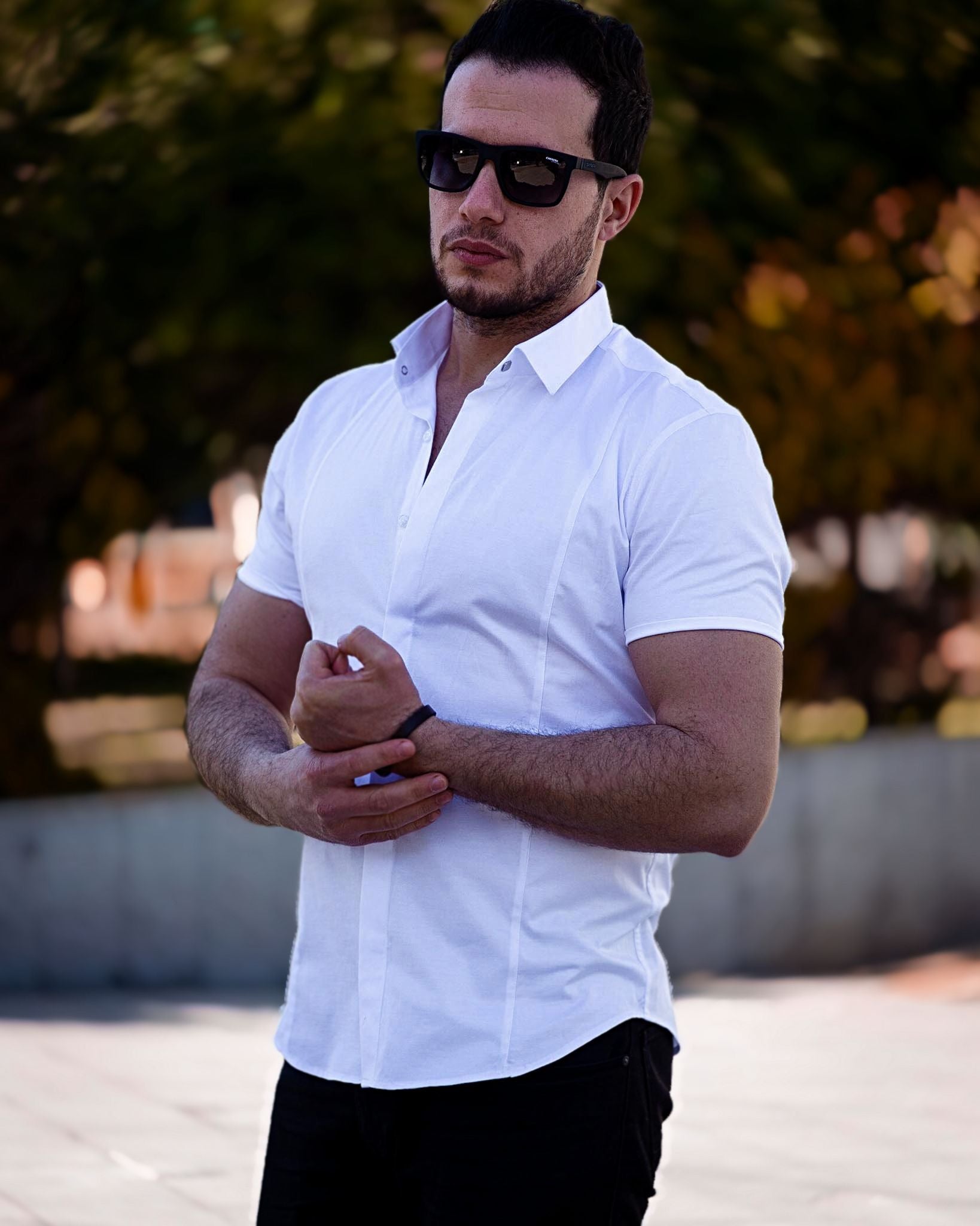 Biała koszula męska casual slim fit S–XXL | krótki rękaw, satyna lycra