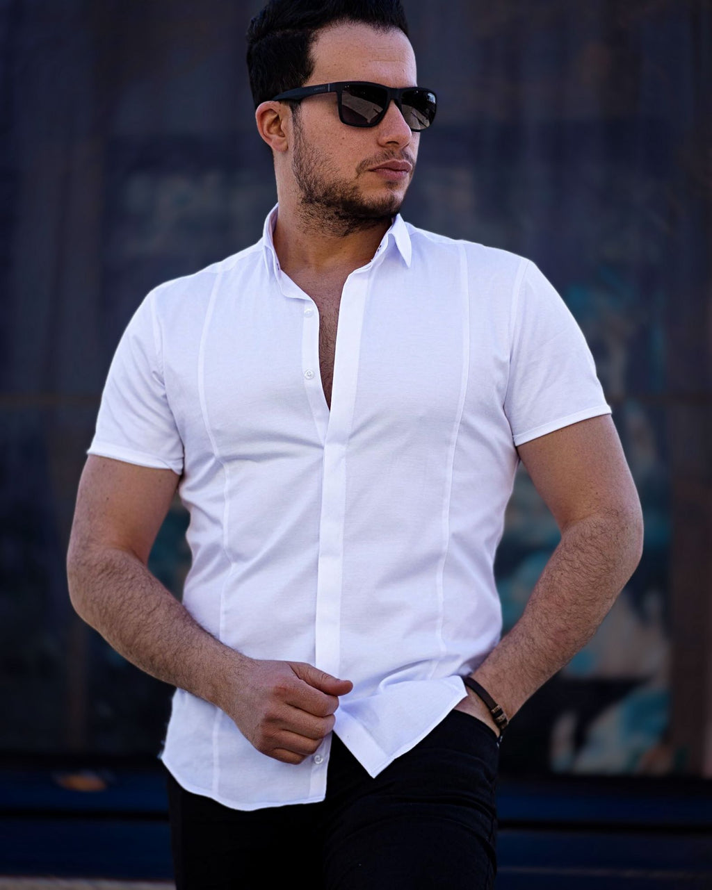 Biała koszula męska casual slim fit S–XXL | krótki rękaw, satyna lycra