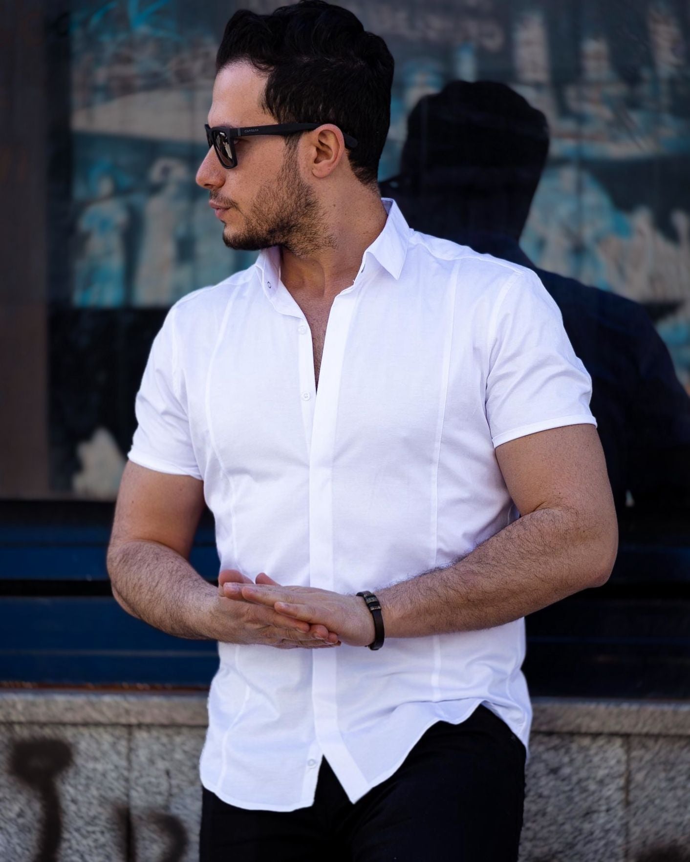 Biała koszula męska casual slim fit S–XXL | krótki rękaw, satyna lycra