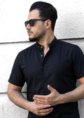 Czarna koszula męska z krótkim rękawem slim fit S–XXL | satyna z elastanem