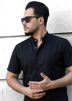Czarna koszula męska z krótkim rękawem slim fit S–XXL | satyna z elastanem