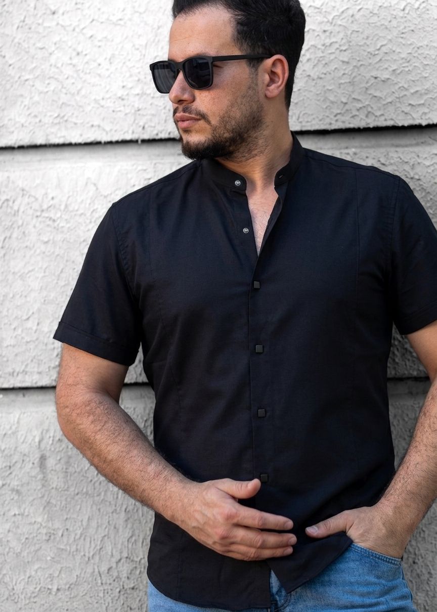Czarna koszula męska z krótkim rękawem slim fit S–XXL | satyna z elastanem