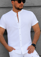 Biała Męska Koszula Ze Stójką Krótki Rękaw Slim Fit Lniany Styl Letnia