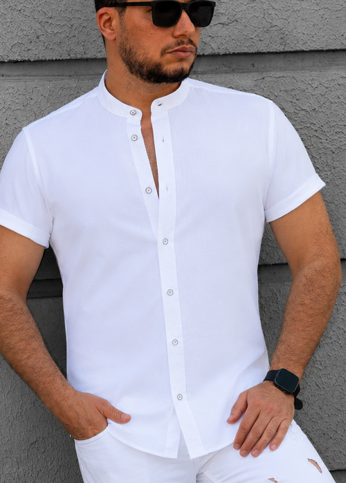 Biała Męska Koszula Ze Stójką Krótki Rękaw Slim Fit Lniany Styl Letnia