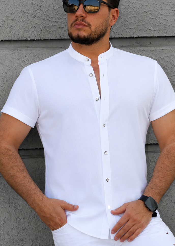 Biała Męska Koszula Ze Stójką Krótki Rękaw Slim Fit Lniany Styl Letnia