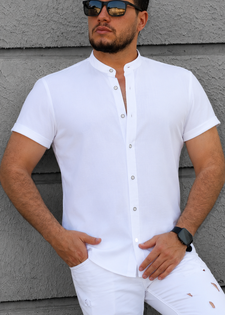 Biała Męska Koszula Ze Stójką Krótki Rękaw Slim Fit Lniany Styl Letnia