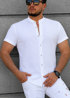 Biała Męska Koszula Ze Stójką Krótki Rękaw Slim Fit Lniany Styl Letnia