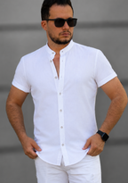 Biała Męska Koszula Ze Stójką Krótki Rękaw Slim Fit Lniany Styl Letnia
