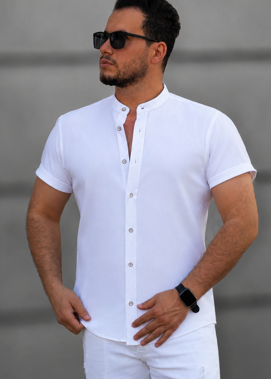 Biała Męska Koszula Ze Stójką Krótki Rękaw Slim Fit Lniany Styl Letnia