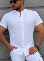 Biała Męska Koszula Ze Stójką Krótki Rękaw Slim Fit Lniany Styl Letnia